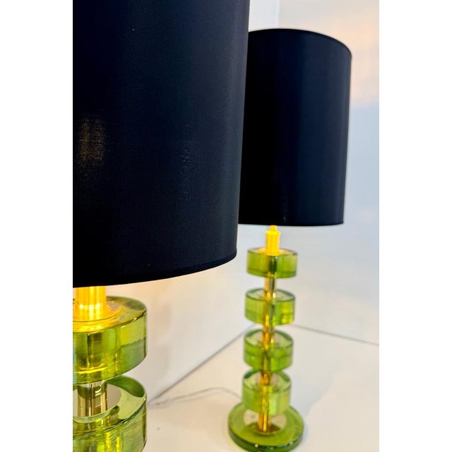 Italian Green Emerald Murano Glass Discs and Brass Lamps with Black Lampshades, 2000s, Set of 2 For Sale - Image 6 of 15