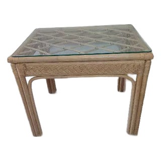 1980s Bamboo Rattan Accent Table Glass Top Beige For Sale