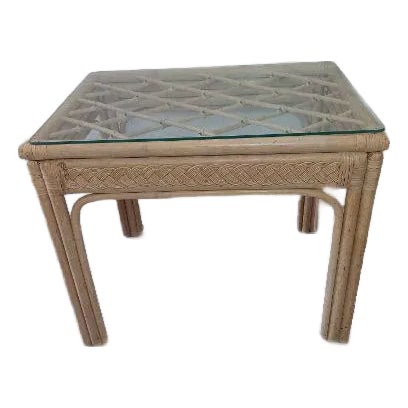 1980s Bamboo Rattan Accent Table Glass Top Beige For Sale