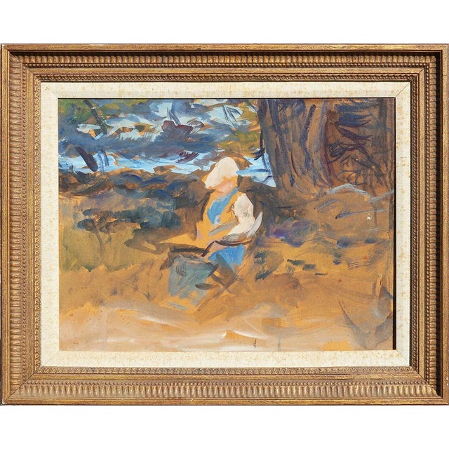 Blue, Yellow, Orange and Cream Toned Abstract Figurative Landscape With Lake by Wayman Adams For Sale - Image 11 of 11