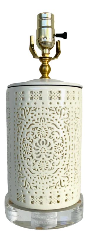 Small Custom White Porcelain Asian Cut Out Scroll Holder Table Lamp