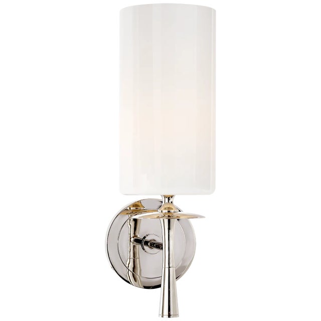 Drunmore Single Sconce in Polished Nickel with White Glass Shade Designer: AERIN Height: 14.25" Extension: 6.75"...