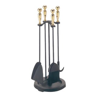 Five-Piece American Ball Brass Handle and Iron Fireplace Tools Set For Sale