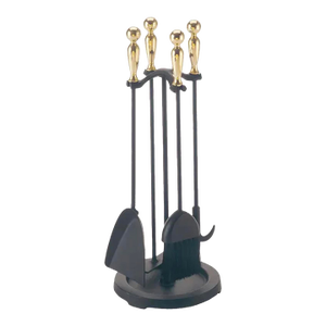 Five-Piece American Ball Brass Handle and Iron Fireplace Tools Set