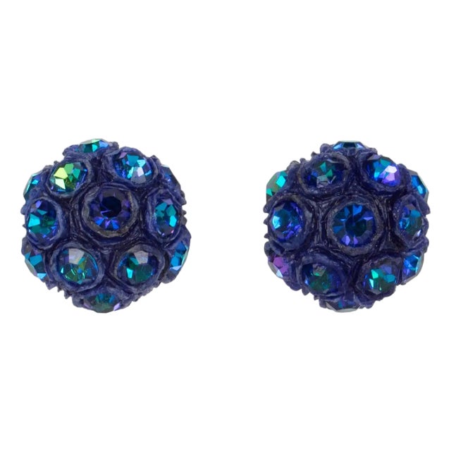 Monique Vedie, Line Vautrin Student Talosel Resin Jeweled Blue Clip Earrings For Sale