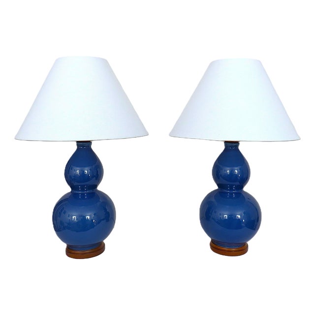 Pair of Blue Ralph Lauren Table Lamps Double Gourd Designer For Sale
