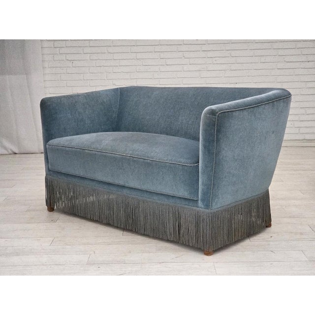 Vintage Danish Two-Seater Sofa in Blue Furniture Velour and Oak, 1970s For Sale - Image 17 of 18