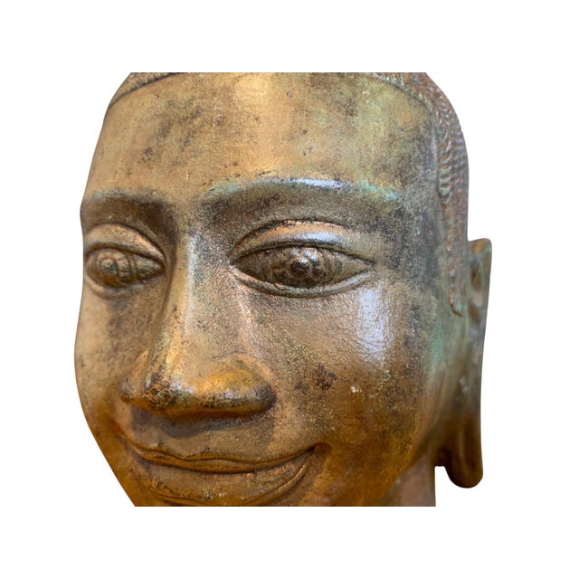 Antique Style Bronze Khmer Buddha Head Statue - Baphuon Style For Sale - Image 9 of 11