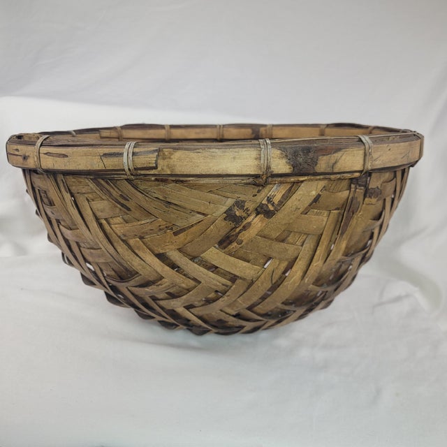 Vintage Hand Woven Bamboo Winnowing Basket Deep Round Rustic Boho Farmhouse For Sale - Image 4 of 9