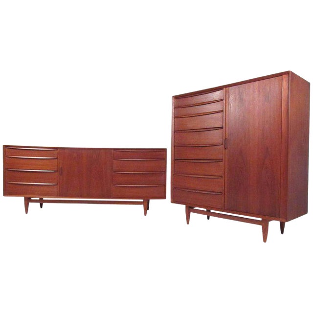 Mid Century Modern Tambour Door Dresser And Low Chest Of Drawers