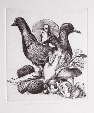 Angela Occhipinti, Wood Pigeons with Black Pigeons from Norcia: Author's Proof, 1950, Engraving
