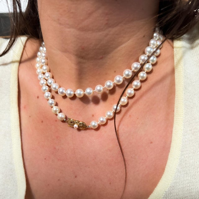 Metal 1990s Mikimoto Signed 33-Inch Akoya Pearl 18k Gold Bead Necklace For Sale - Image 7 of 9