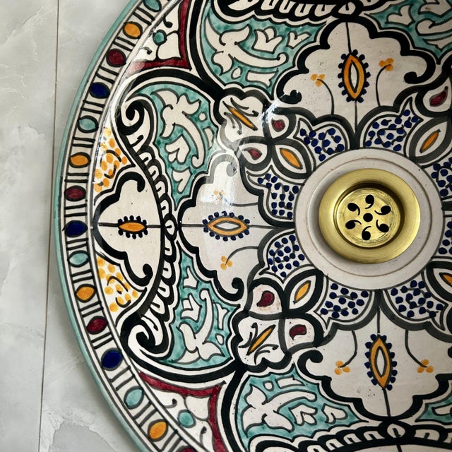 Metal Artistic Moroccan Sink Bowl Vessel Washbasin, Round With Brass Drain For Sale - Image 7 of 9