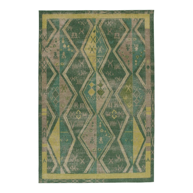 Rug & Kilim’s Distressed Style Rug in Green & Brown Geometric Patterns For Sale