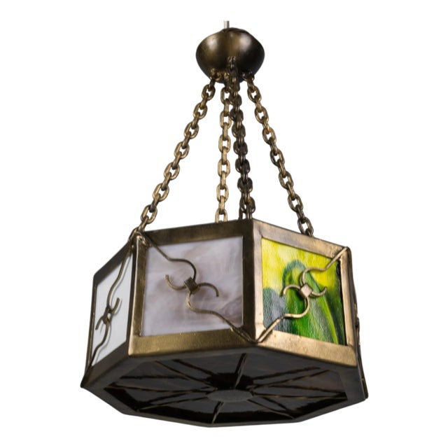 Mid-Century Octagonal Patinated Metal and Art Glass Pendant Light, Germany For Sale