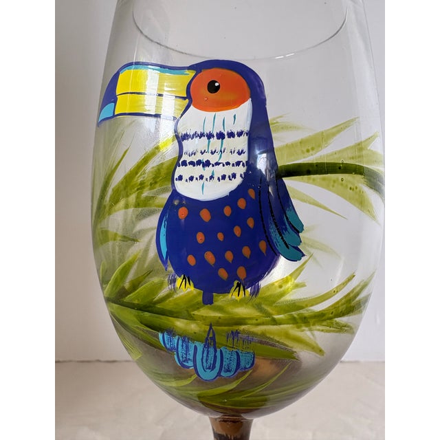 Late 20th Century Set of Seven Hand-Painted Tropical Toucan Wine Glasses With Amber Stems. Coastal Tropical Entertaining For Sale In Indianapolis - Image 6 of 9