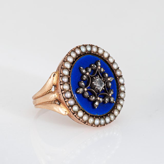 Victorian Antique Victorian Diamond Pearl Ring 10k Rose Gold Sz 5 Blue Enamel Jewelry For Sale - Image 3 of 7