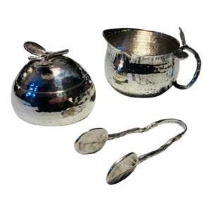 Michael Aram Silver Plate Sugar Bowl with Lid, Tongs and Creamer Set- 3 Pieces