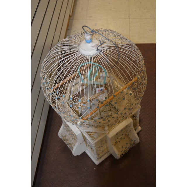 1960s Vintage 1960s Dome Top Balloon Birdcage Cream Blue Wire / Metal & Wood Tunisian Moroccan For Sale - Image 5 of 13