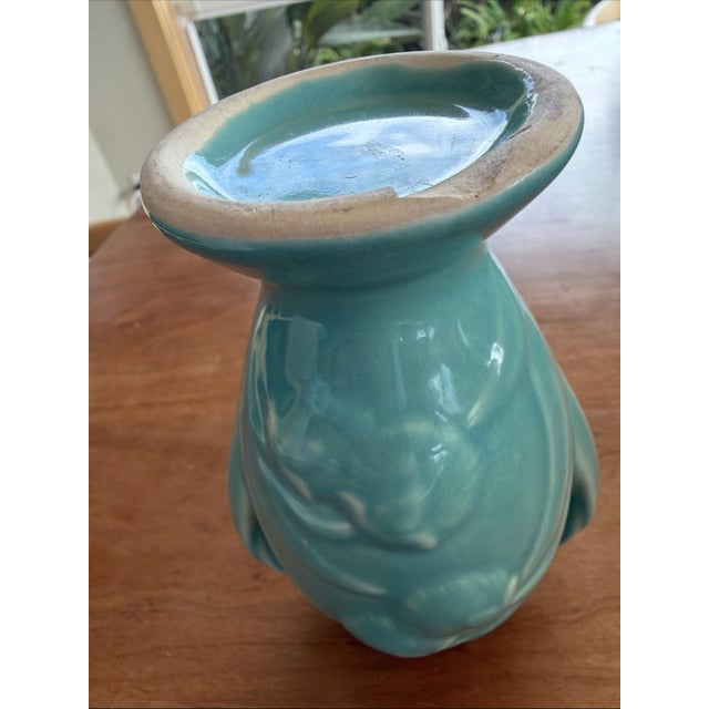 Vintage McCoy Turquoise Pottery Vase 6 Inch Double Handle Amphora Floral Relief For Sale - Image 4 of 6