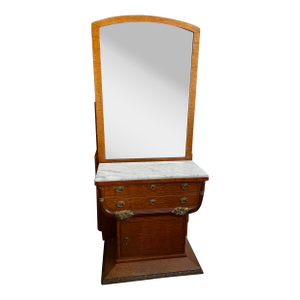 Early 20th Century Art Deco Burled Veneer Marble Top Ormolu Stand W/Tall Mirror Cabinet & Drawers