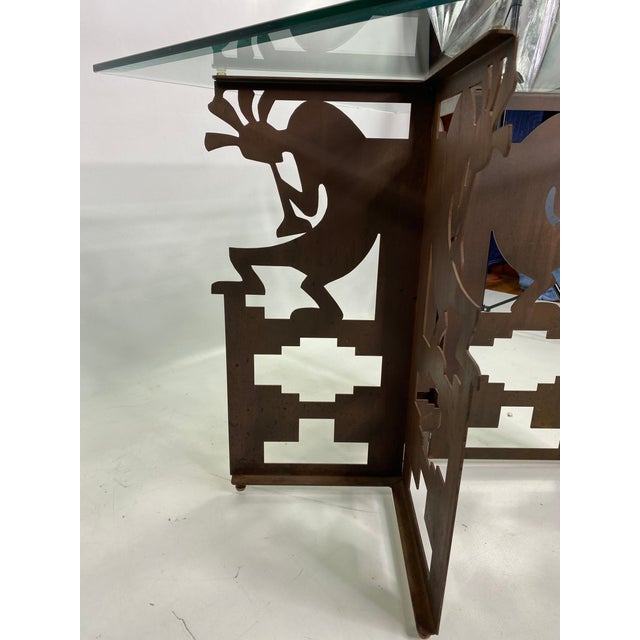 Native American Influenced Metal Base Glass Top Coffee Table For Sale - Image 4 of 8