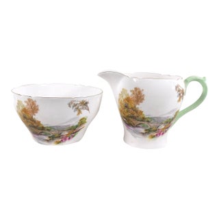 1930s Shelley Open Sugar Bowl and Creamer in Heather For Sale