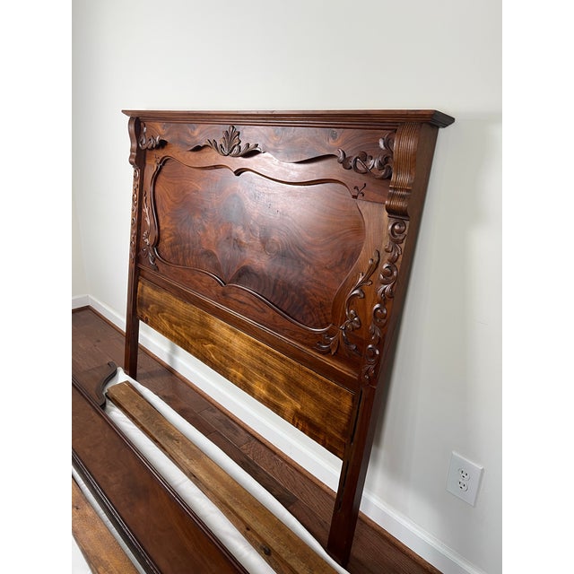 Wood Antique Carved Burlwood Full Size Bed Frame For Sale - Image 7 of 12