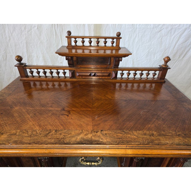 Late 19th Century Antique Renaissance Revival Burl Walnut Writing Desk With Gallery Rail For Sale - Image 5 of 12