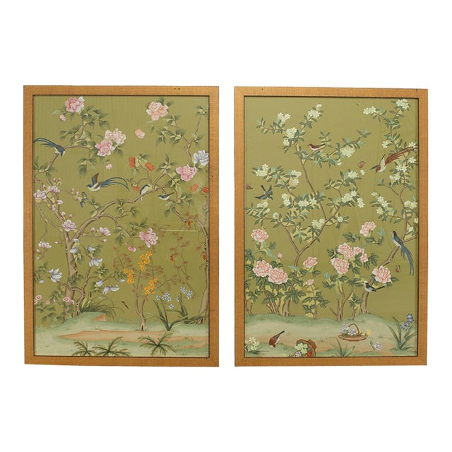 Pair of Chelsea House Edgedale Chinoiserie Painted Silk Panels For Sale