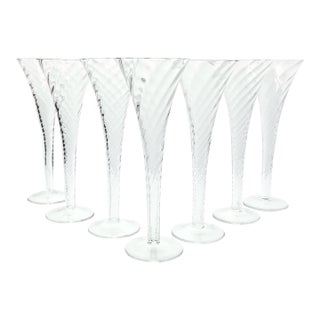 Vintage Optic Swirl Hollow Fluted Champagne Glasses - Set of 7 For Sale