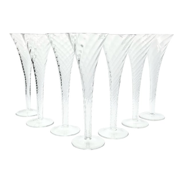 Vintage Optic Swirl Hollow Fluted Champagne Glasses - Set of 7 For Sale