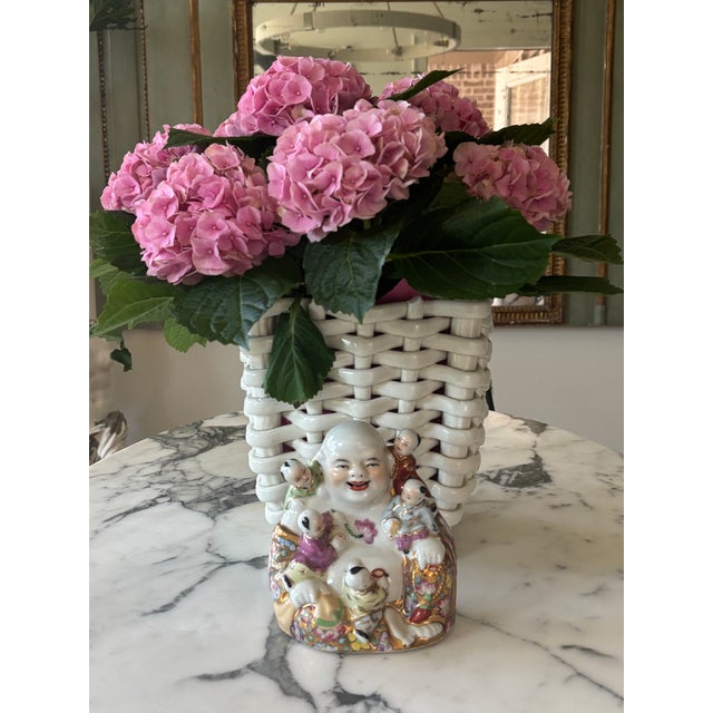 Chinoiserie Vintage Chinoiserie Style / Palm Beach Style Famille Rose Porcelain Laughing Buddha With Five Children For Sale - Image 3 of 15