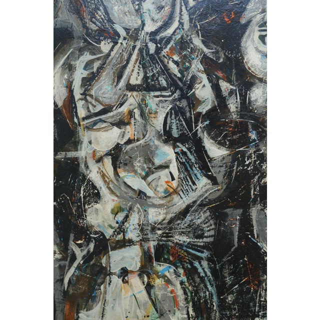 1956 abstract expressionist painting, signed by the artist, with a dense field of gestural strokes and layered pigment....