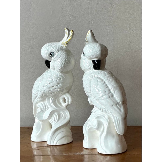 Vintage Regency Glazed Ceramic Cockatoos- Set of 2 For Sale - Image 4 of 5