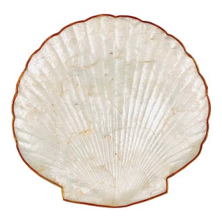 Mid 20th Century Capiz Shell Scallop Shell Tray With Brass Trim Large 11" For Sale