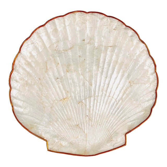 Mid 20th Century Capiz Shell Scallop Shell Tray With Brass Trim Large 11" For Sale