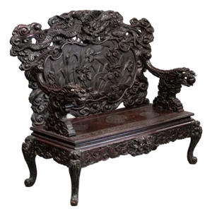 Early 20th Century Heavily Carved Antique Japanese Dragon & Iris Settee