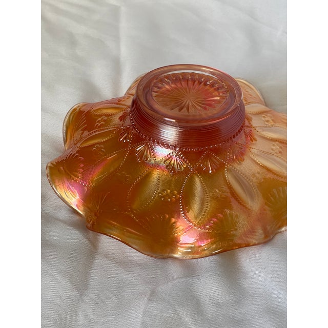 Orange Early 1900s Northwood Stamped Hand Etched Iridescent Marigold Rosette Glass Ruffled Bowl For Sale - Image 8 of 11