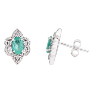 Emerald Diamond Floral Cluster Vintage Stud Earrings in 14k White Gold- A Pair For Sale