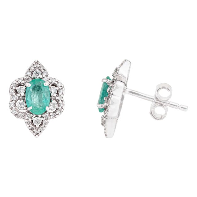 Emerald Diamond Floral Cluster Vintage Stud Earrings in 14k White Gold- A Pair For Sale
