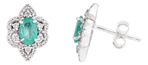 Emerald Diamond Floral Cluster Vintage Stud Earrings in 14k White Gold- A Pair