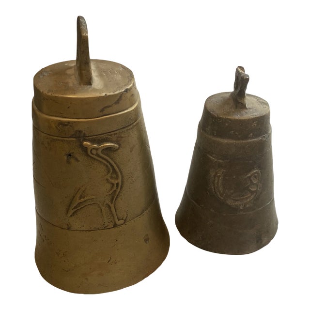 1970s Brass Bells With Bird Designs - Set of 2 For Sale