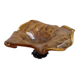 Murano Art Glass Mottled Amber Pedestal Bowl For Sale