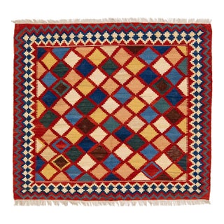 1960s Vintage Square Kilim Handmade Multicolor Geometric Wool Rug For Sale