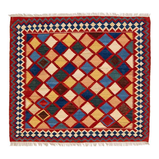1960s Vintage Square Kilim Handmade Multicolor Geometric Wool Rug For Sale
