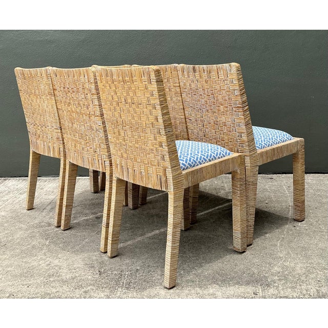 Late 20th Century Vintage Woven Rattan Dining Chairs in Quadrille For Sale - Image 5 of 18