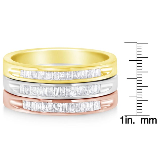 Metal 10K Yellow, White and Rose Gold over .925 Sterling Silver 5/8 Cttw Diamond Channel-Set Stackable Band Ring Set (H-I Color, I1-I2 Clarity) - Size 7 For Sale - Image 7 of 7