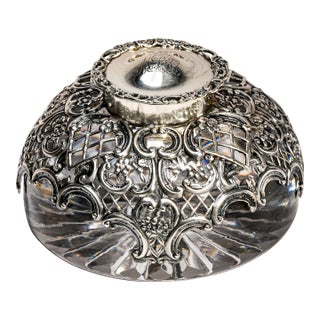 Elegant Large Edwardian English Sterling Silver Crystal Paperweight Desk Inkwell For Sale