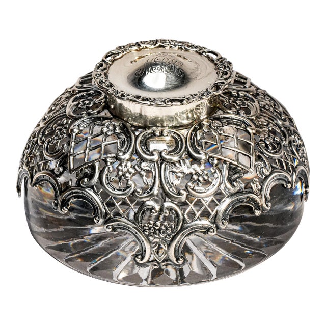 Elegant Large Edwardian English Sterling Silver Crystal Paperweight Desk Inkwell For Sale